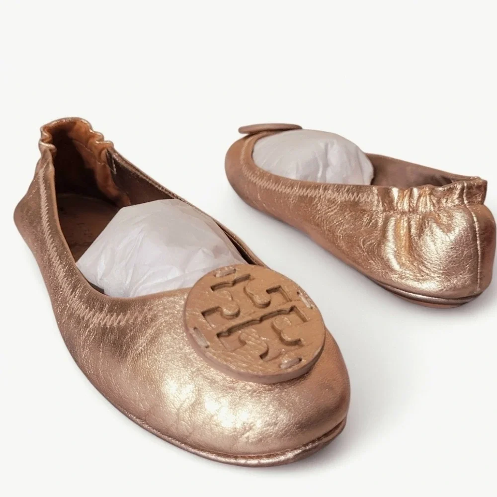 Tory Burch Minnie Rose Gold Leather Logo Travel Ballet 6.5‎ Metallic Minimal